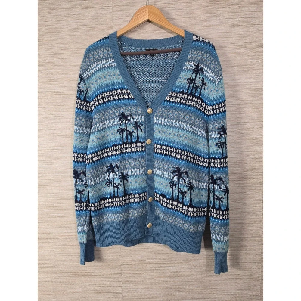 J.Crew Palm Tree Fair Isle Cardigan Sweater Mens Medium Blue Linen Blend Knit